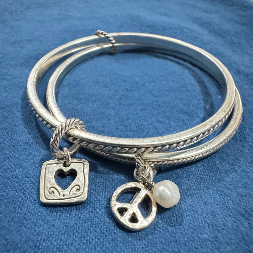 Brighton charm bracelet, bangles, peace, sign, heart, and pearl accent